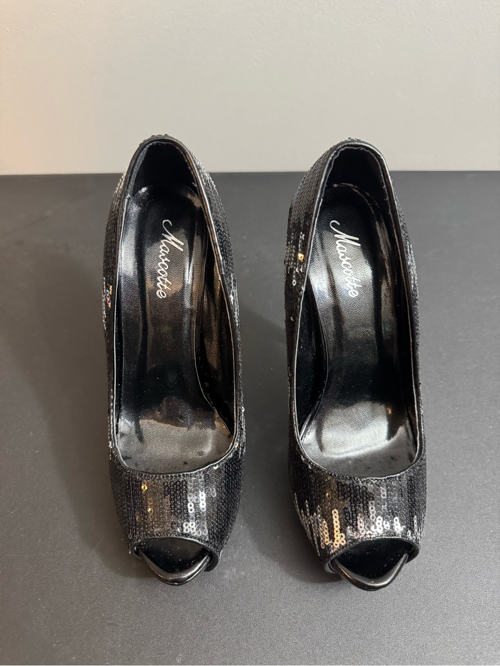 Mascotte Black Sequin Peep-Toe Heels